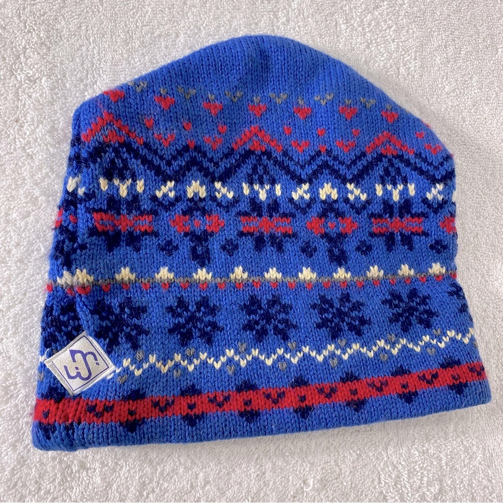 Vintage Merkley Headgear Blue Red Snowflake Print Wool Knit Toque Beanie Hat